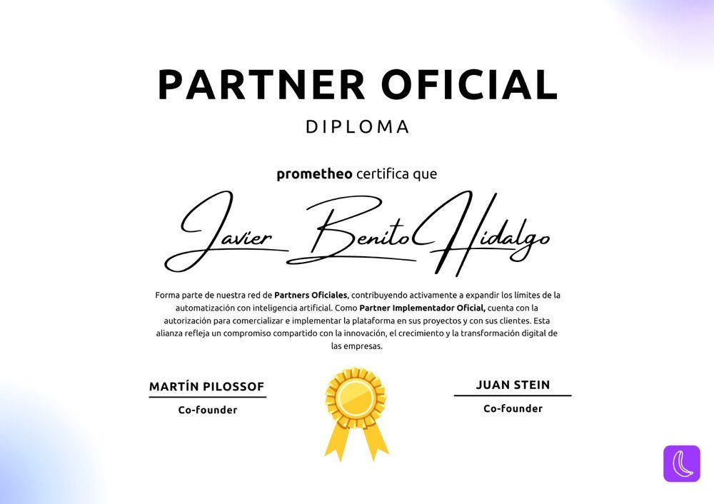 Diploma de Partner Oficial de Prometheo concedido a Javier Benito Hidalgo